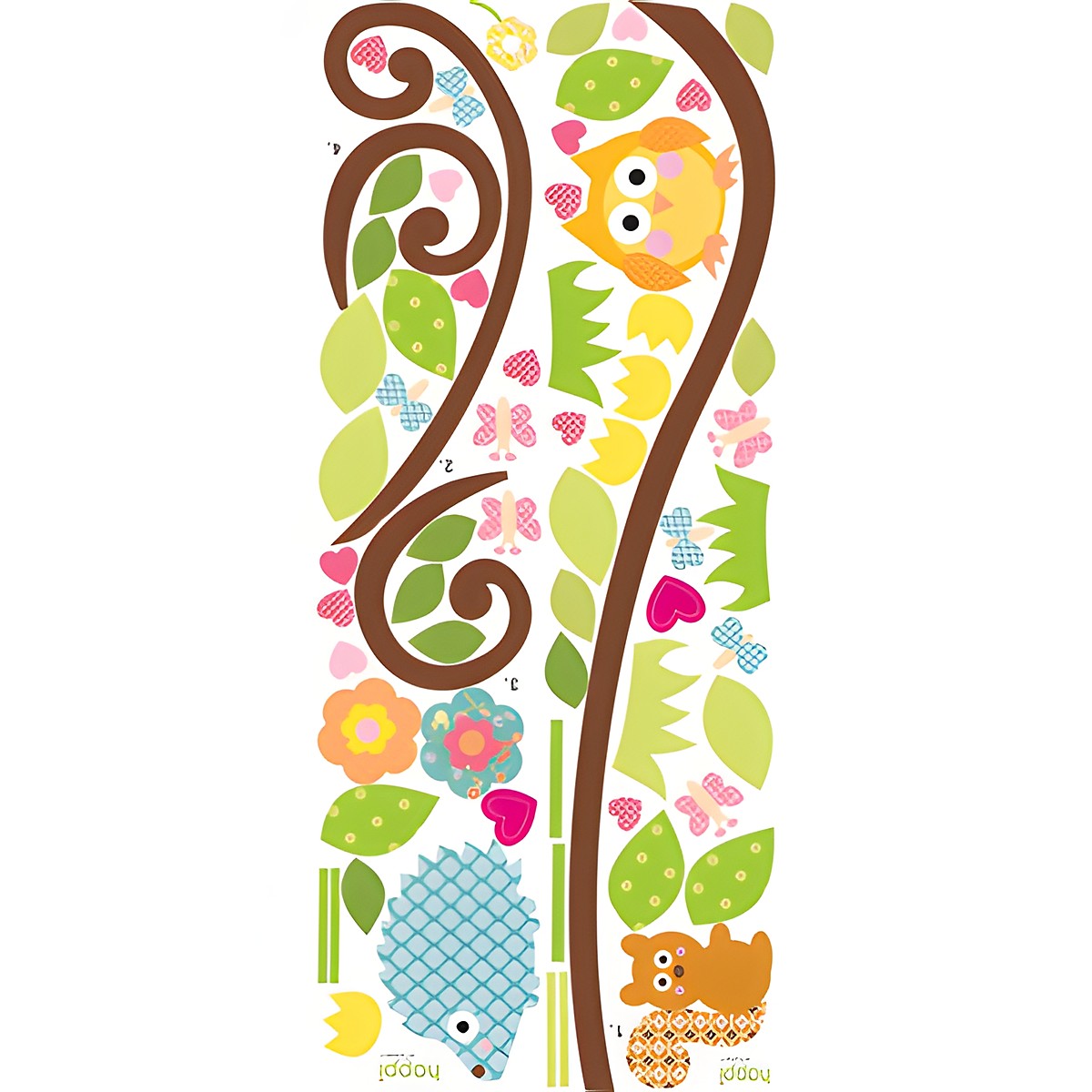 RoomMates Wandbild Happi Scroll Branch, zwei Klebebögen mit Ast-, Eulen-, Igel- und Eichhörnchen-Motiven auf weißem Untergrund