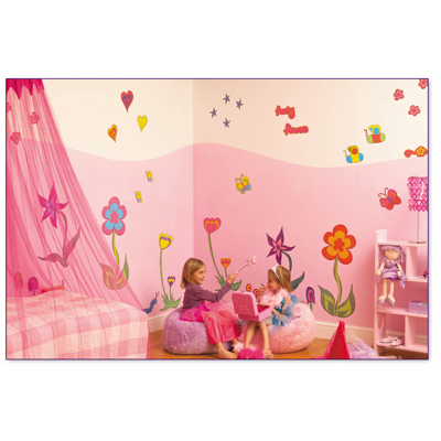 funtosee wall sticker flower world, two girls on bean bags in front of a wall decorated with flowers, hearts and butterflies