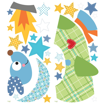 RoomMates wall decal Rocketdog, decal sheet with rocket nose cone, stars and moon motifs on a white background