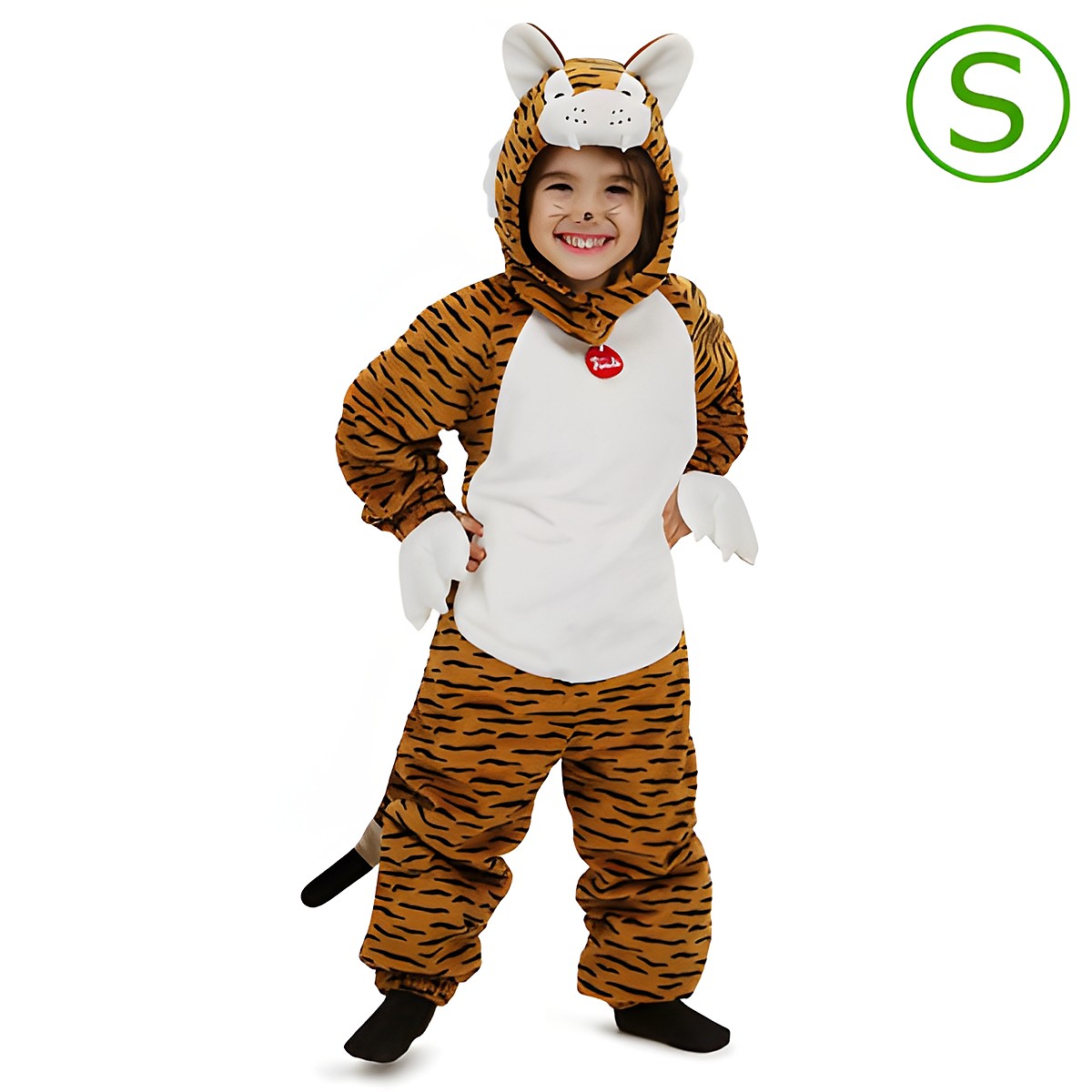 Trudi children's costume tiger, orange and black striped full-body suit with hood and a white belly panel, size S