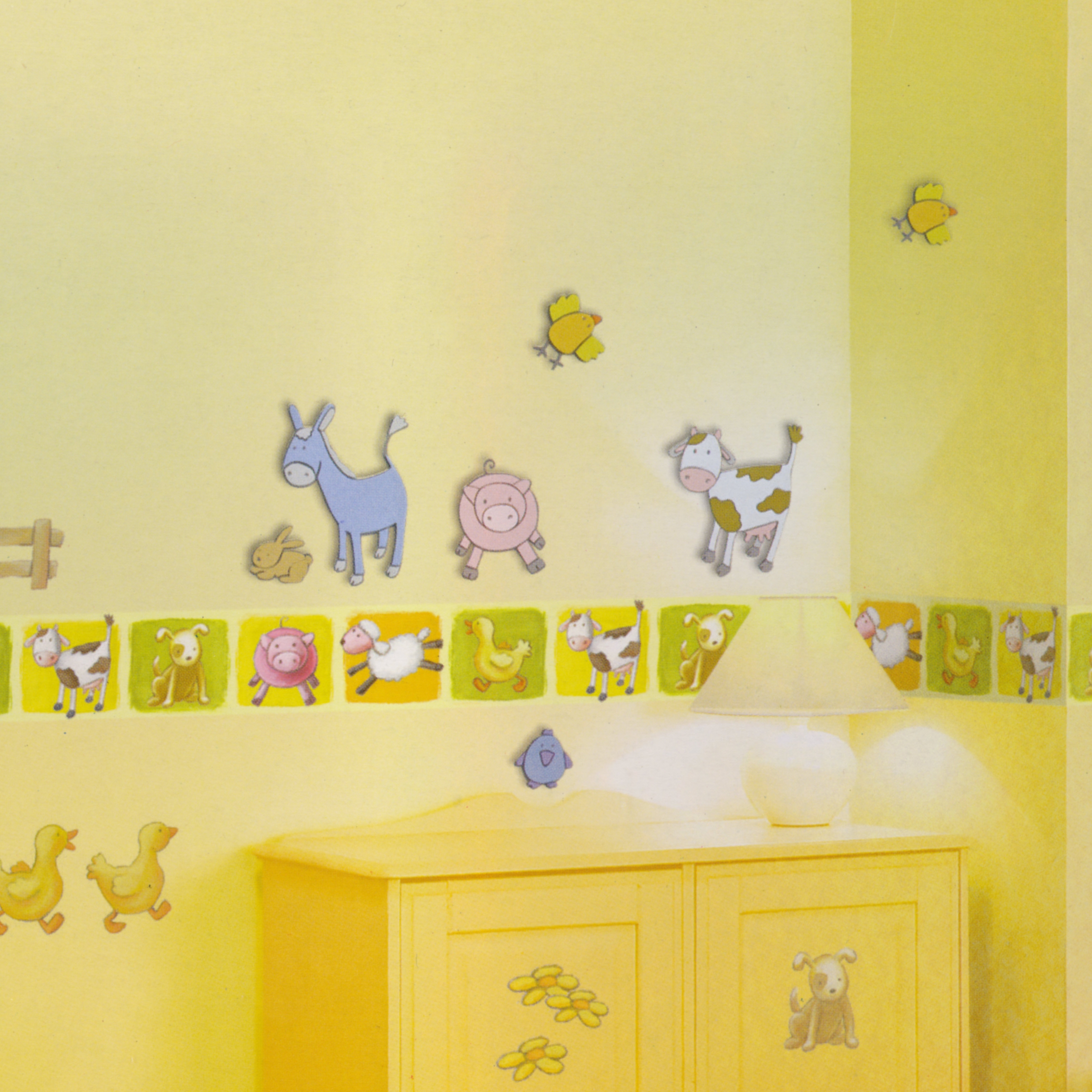decofun mini wall decoration Animal Farm lifestyle photo, donkey, pig and cow above the border on a yellow wall