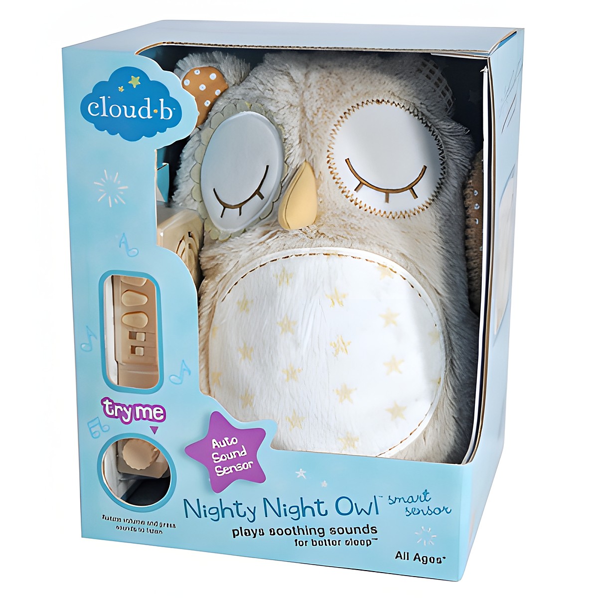 Cloud b Einschlafhilfe Nighty Night Owl Smart Sensor, Verpackung mit Eulen-Kuscheltier und Klangsensor