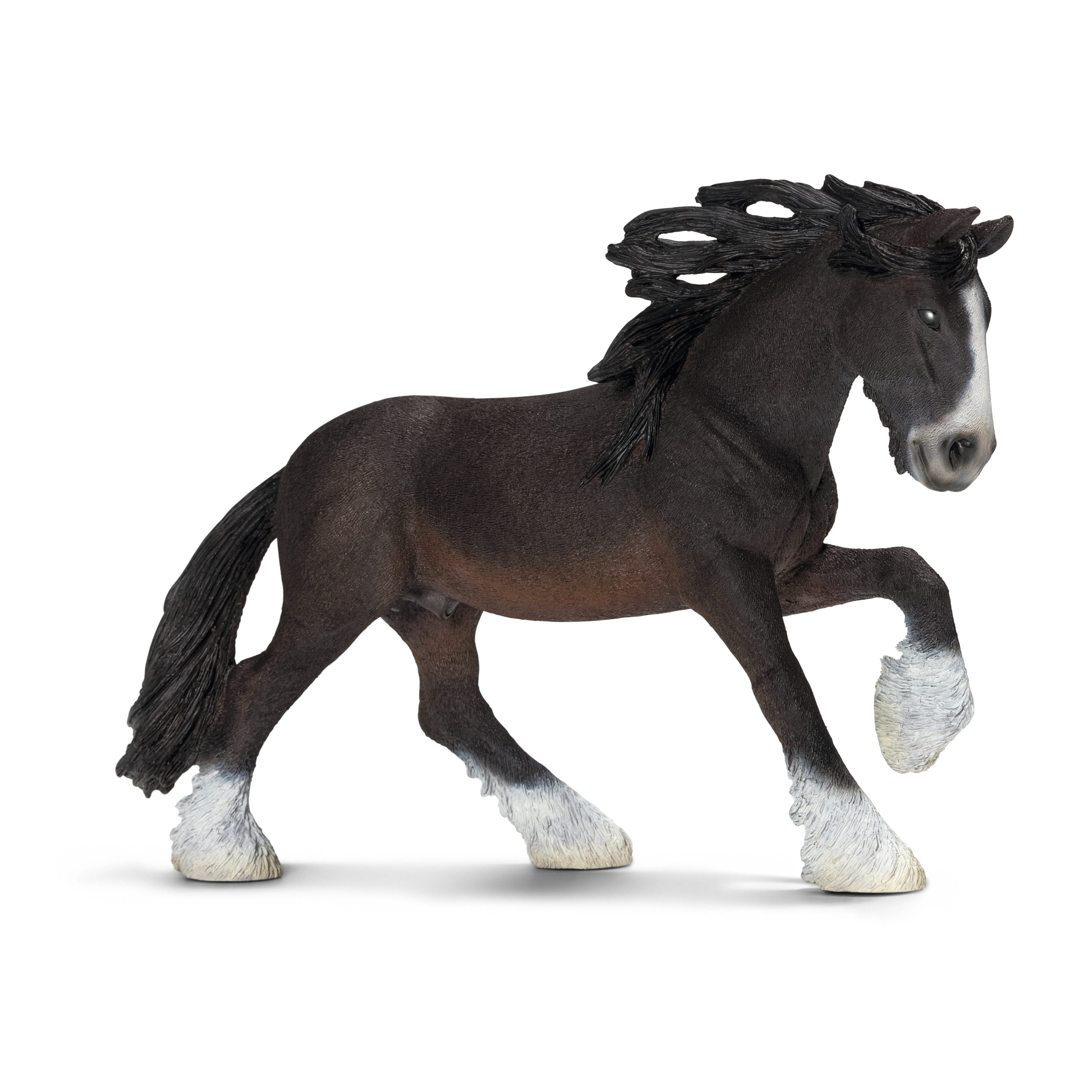 Schleich Farm World Shire stallion, toy figure with dark brown coat, black mane and white fetlocks, walking