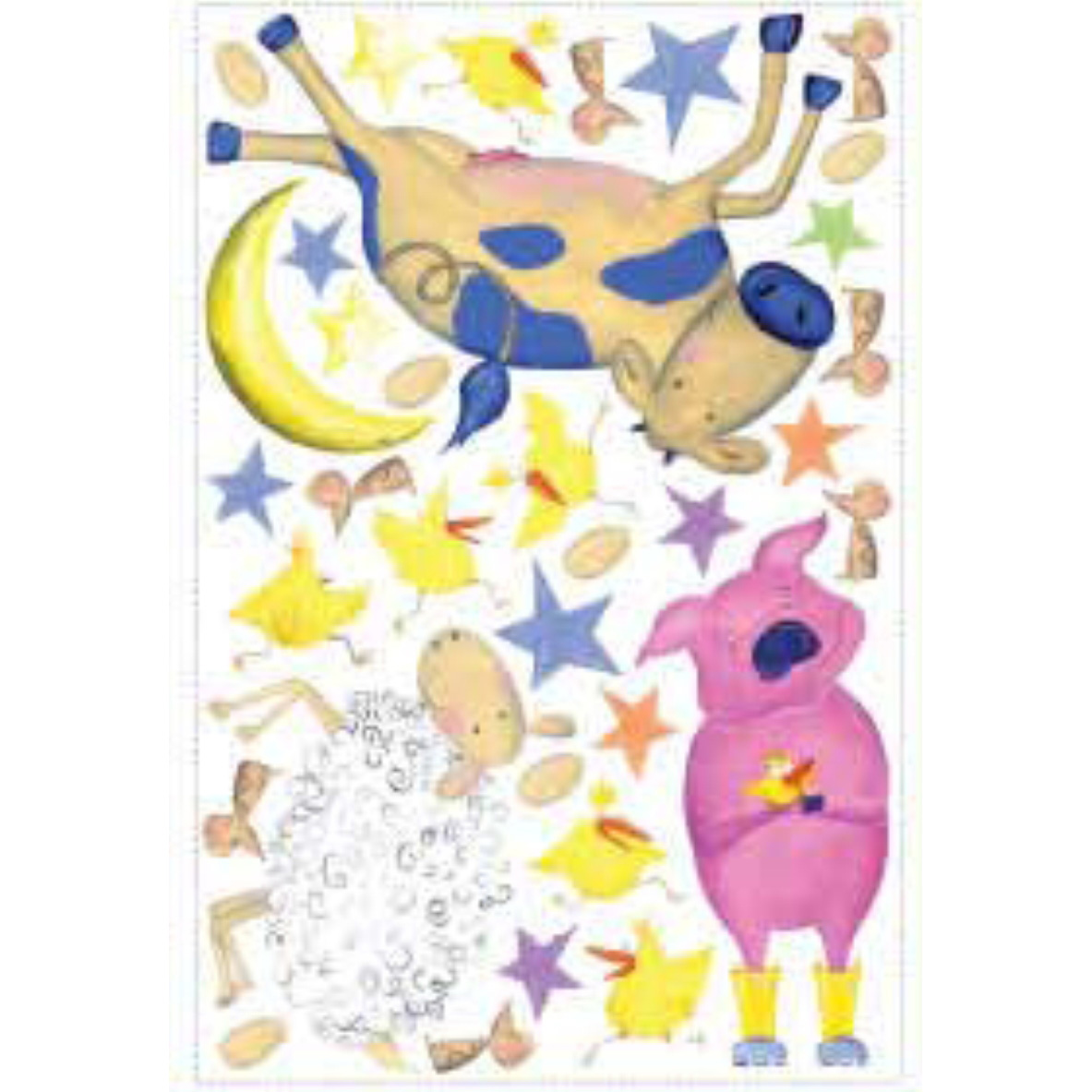 RoomMates wall decal Fun on the Farm, decal sheet with a leaping cow, moon and stars on a white background