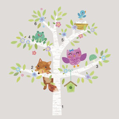 RoomMates wall decal Woodland Baby Animals Tree, birch tree with numbered fox, owl, frog and bird motifs, isolated on a grey background