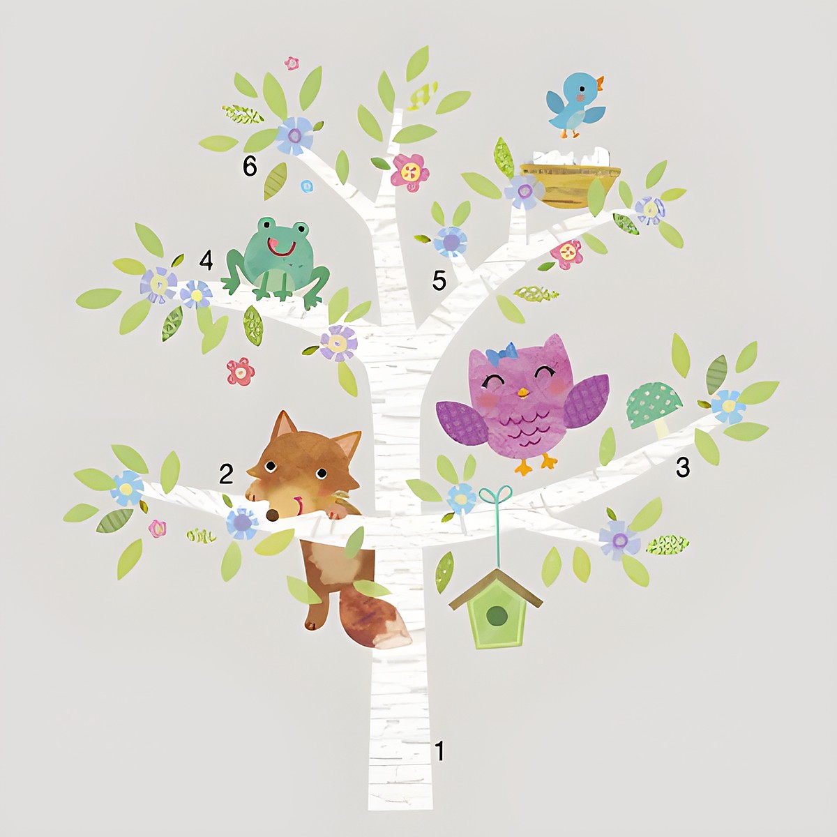 RoomMates Wandbild Woodland Waldtierkinder Baum, Birke mit nummerierten Fuchs-, Eulen-, Frosch- und Vogel-Motiven, freigestellt auf grauem Untergrund