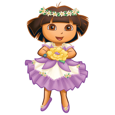 RoomMates wall decal Dora's Enchanted Forest, single motif of the Dora character in a purple floral dress with a flower crown on a white background