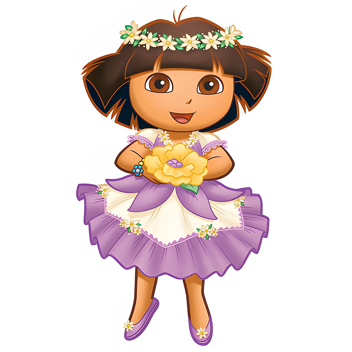 RoomMates Wandbild Dora's verzauberter Wald, Einzelmotiv der Dora-Figur im lila Blumenkleid mit Blumenkranz auf weißem Untergrund