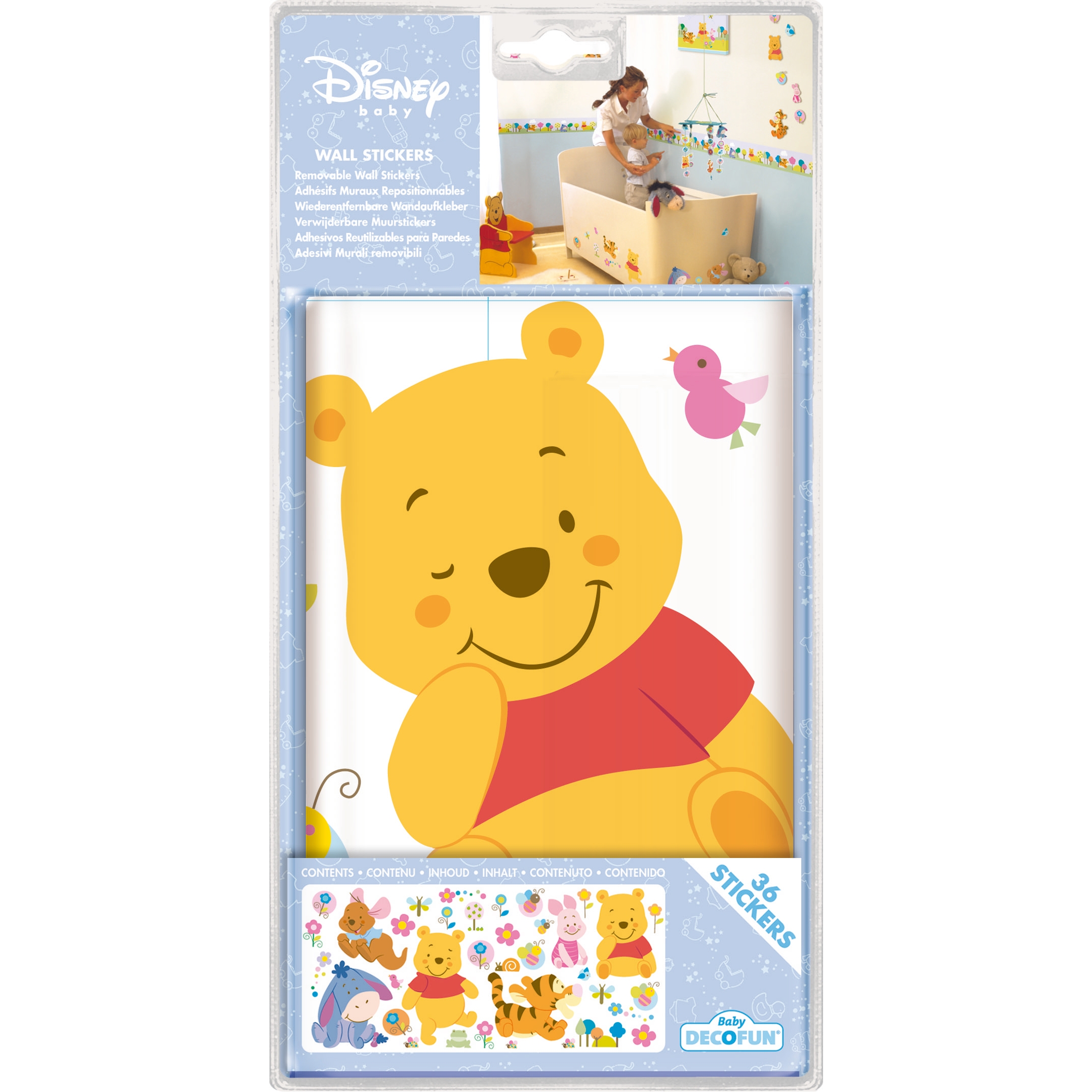 decofun Panorama-Wandsticker Winnie Puuh Baby in Verpackung, schläfriger Winnie Puuh mit Vogel, 26 Sticker