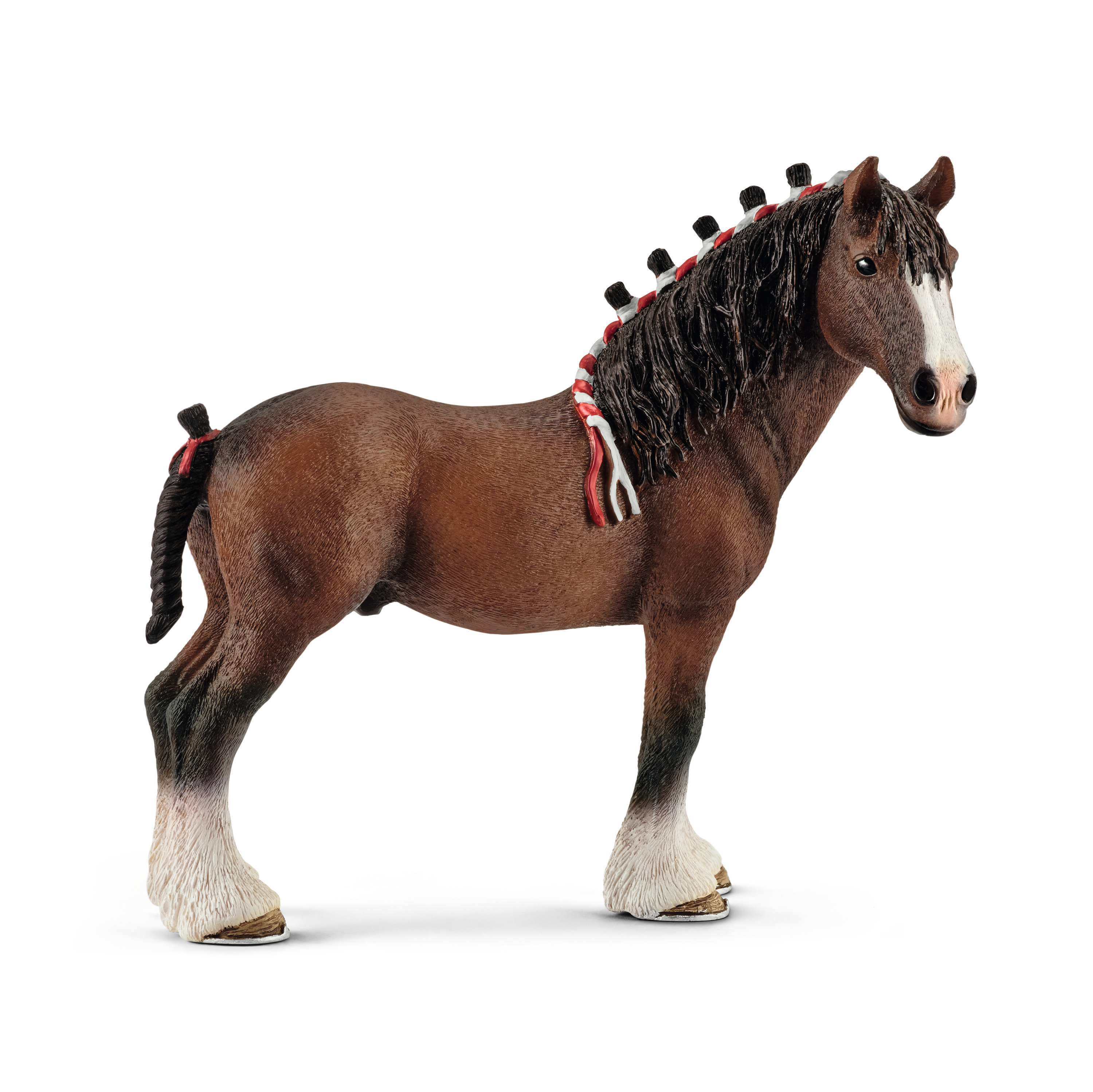 Schleich Farm World Clydesdale gelding, toy figure with brown coat, a white blaze and a braided mane with red ribbons, standing