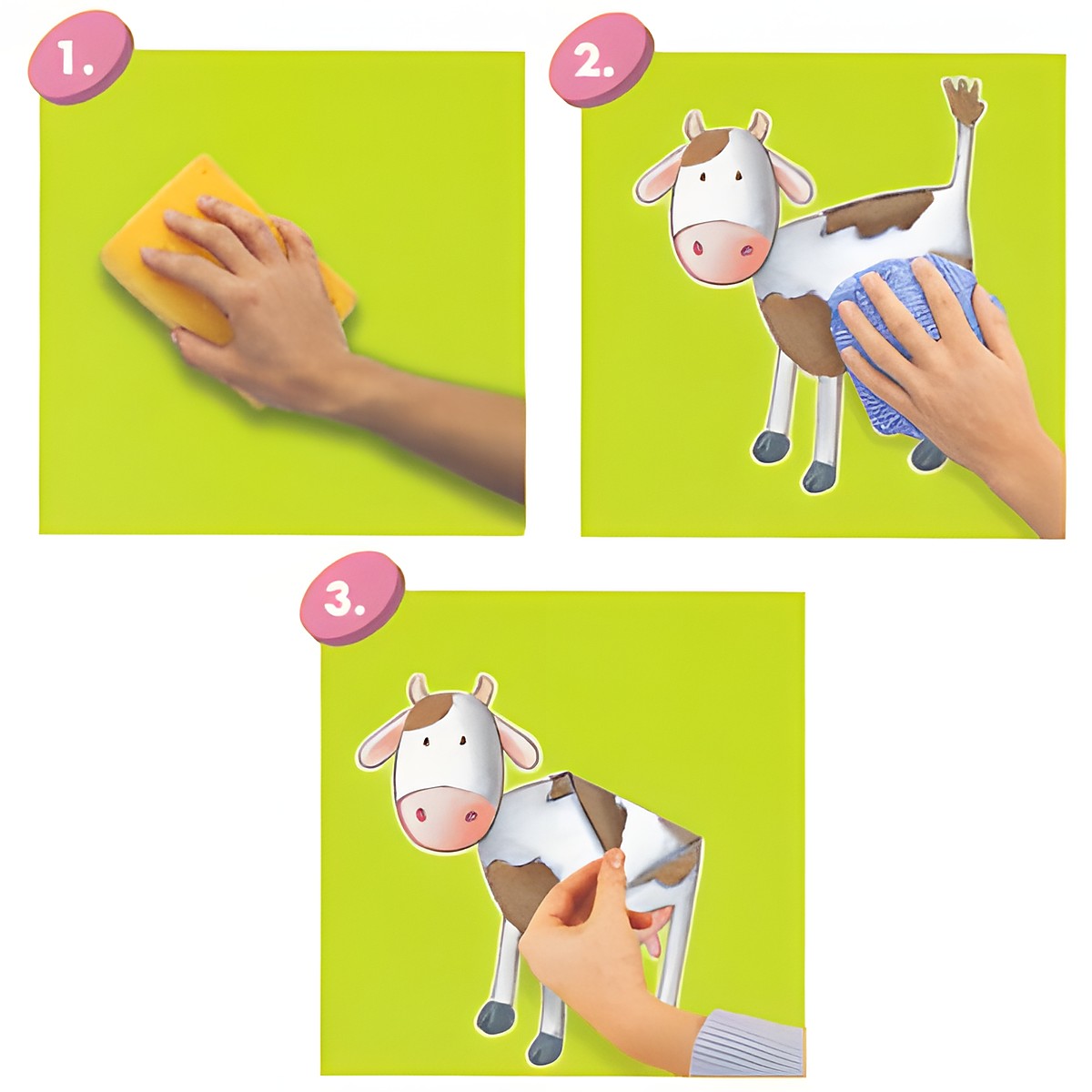 decofun Wandsticker Animal Farm Anleitung, drei Schritte zum Anbringen des Kuh-Stickers an der Wand