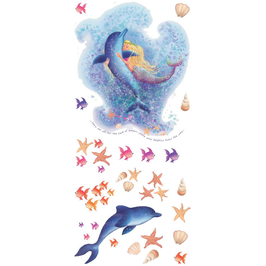 RoomMates wall decal Mermaid, decal sheet with mermaid and dolphin motif, fish, starfish and shells on a white background