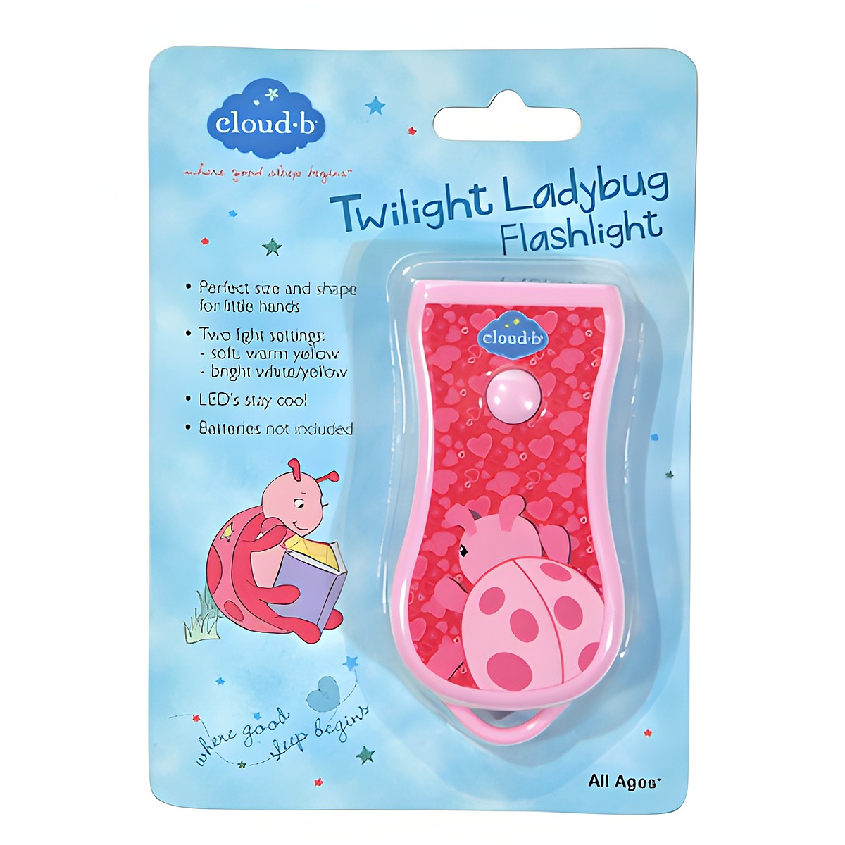 Cloud b Twilight Ladybug flashlight, retail packaging of the pink LED torch with ladybug design