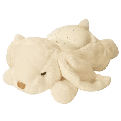 Cloud b sleep aid Twilight Buddies rabbit, cream-coloured plush toy lying down with star projector on its back