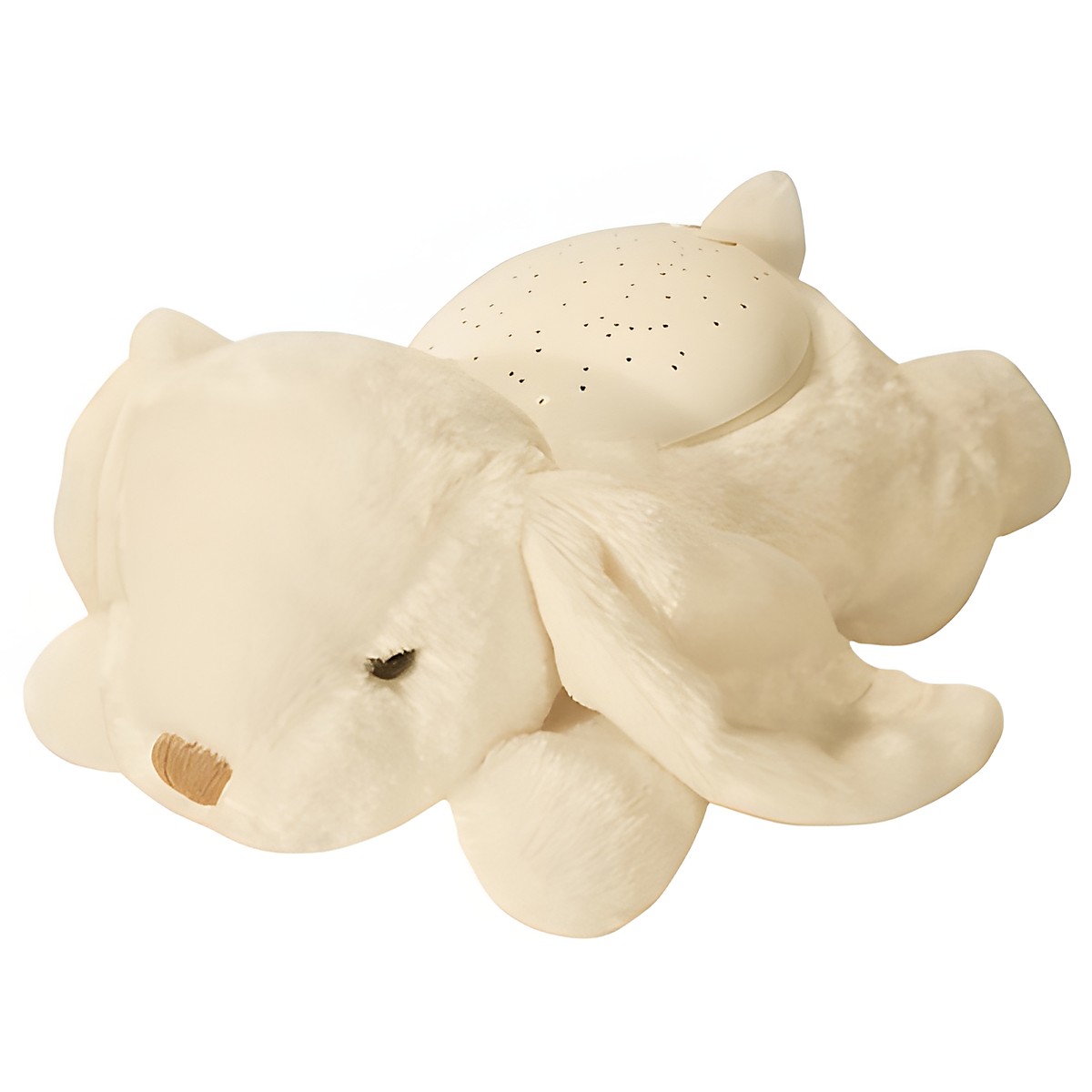 Cloud b sleep aid Twilight Buddies rabbit, cream-coloured plush toy lying down with star projector on its back