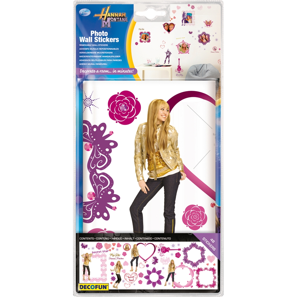 decofun photo wall decal Hannah Montana packaging, Hannah Montana in a gold outfit in focus, blister card