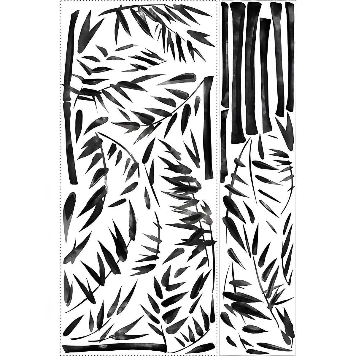 RoomMates Wandbild Painted Bamboo, zwei Klebebögen mit gemalten schwarzen Bambushalmen und Blättermotiven auf weißem Untergrund