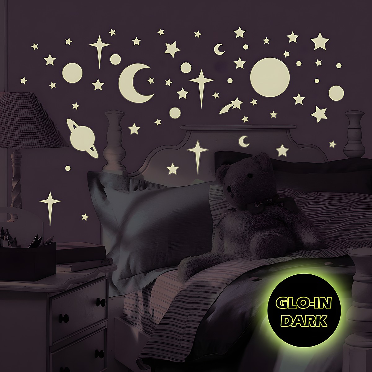 RoomMates Wandsticker Celestial, leuchtende Sterne, Monde und Planeten im Dunkeln über einem Kinderbett mit Teddybär, Glow-in-the-Dark-Effekt