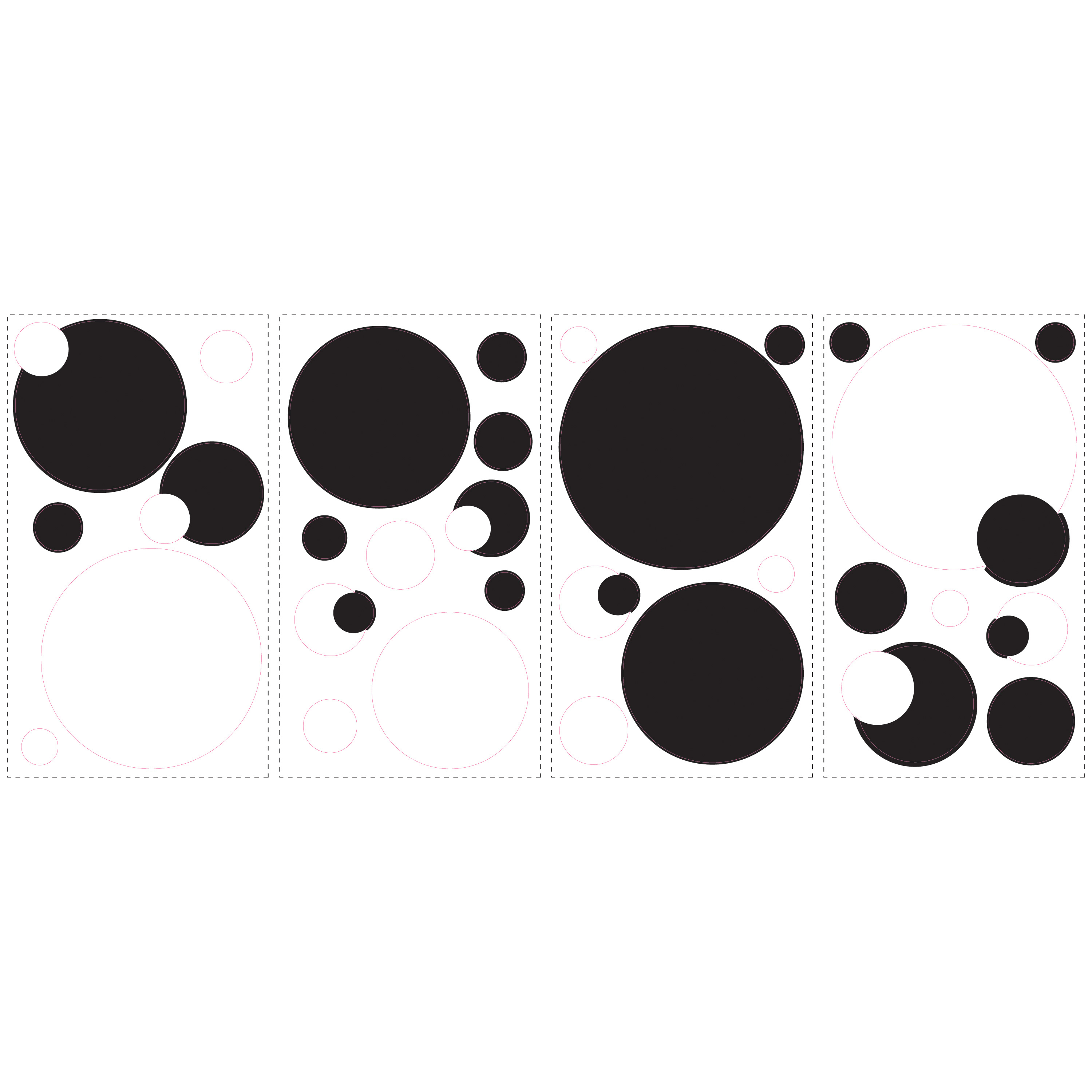 RoomMates wall decal Black & White Dots Peel & Stick, four decal sheets with black and white dots in various sizes on a white background