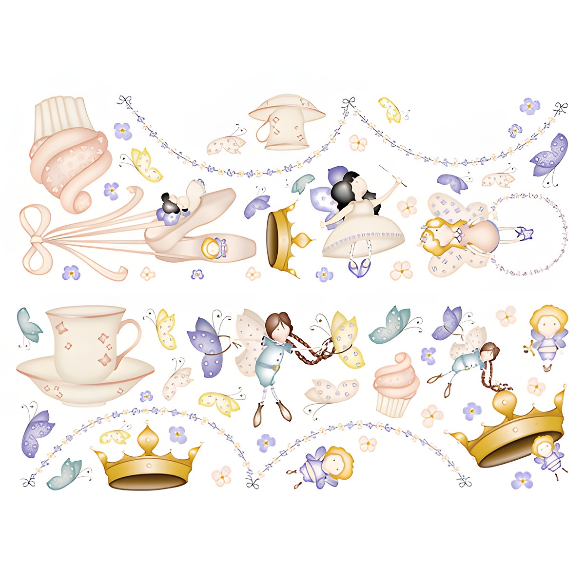 graham & brown Wandsticker Heirloom, flacher Klebebogen mit Kronen, Teetassen, Feen und Perlengirlanden in Lila und Gold