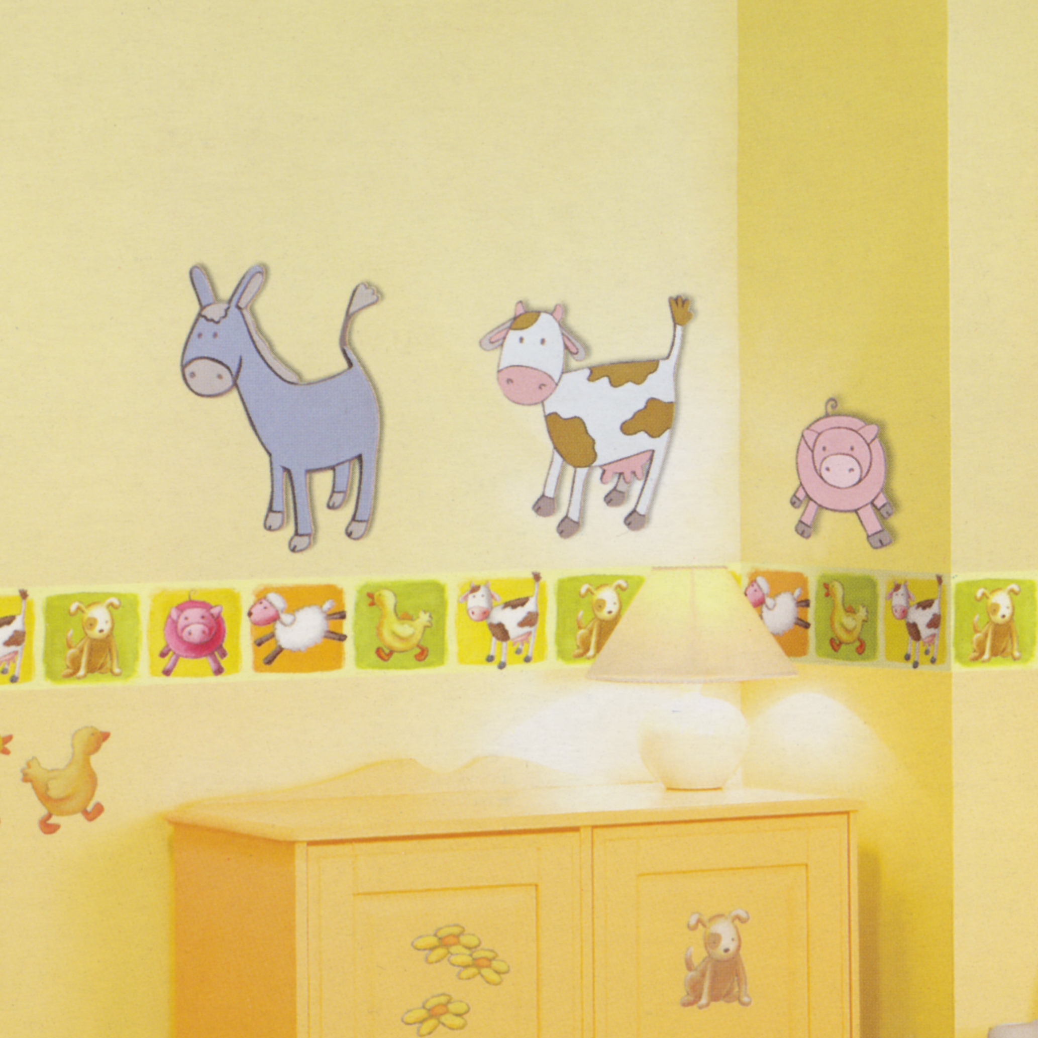 decofun wall decoration Animal Farm lifestyle photo, donkey, cow and pig above a yellow chest of drawers with matching border
