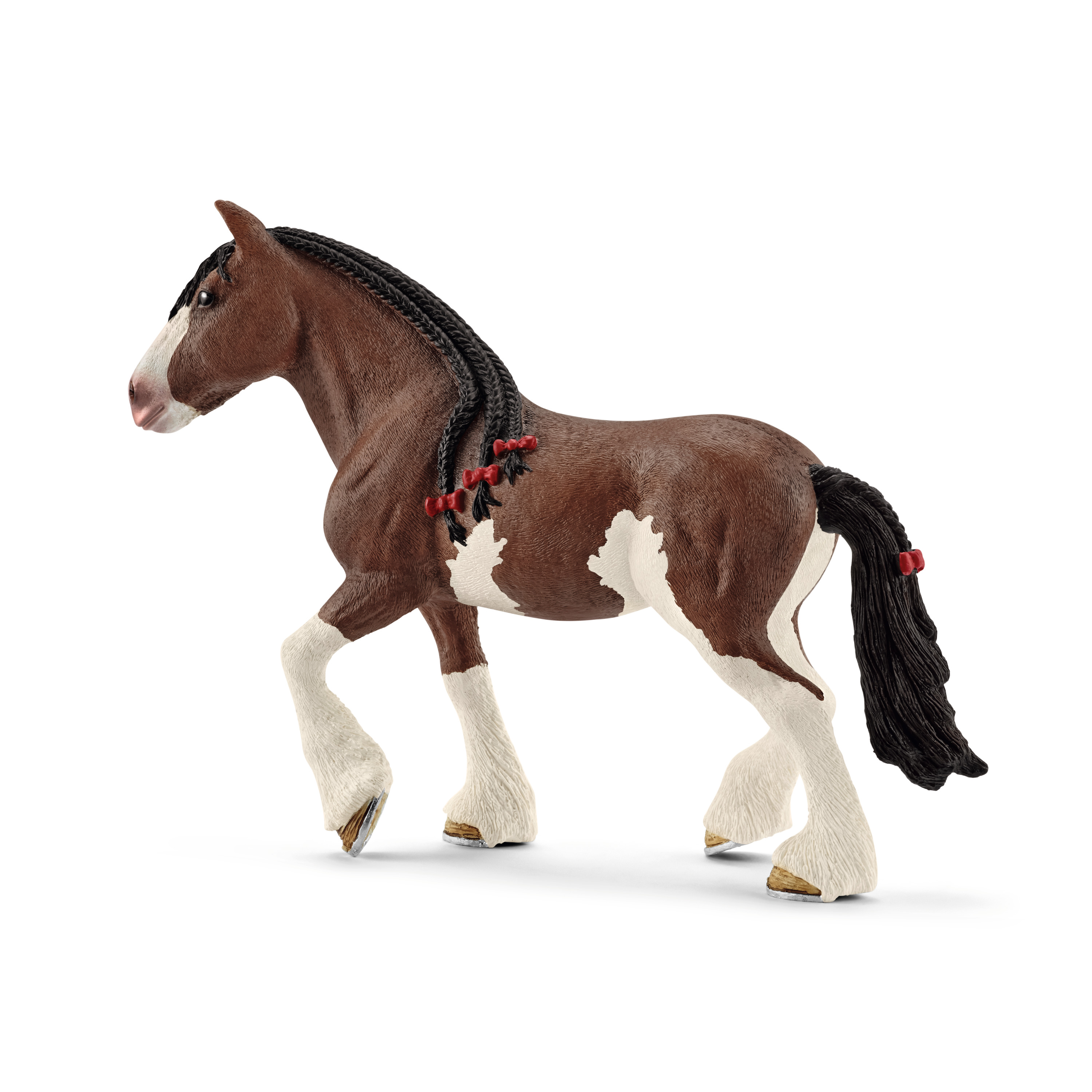 Schleich Farm World Clydesdale mare, toy figure with brown coat, white markings and a braided black mane with red ribbons