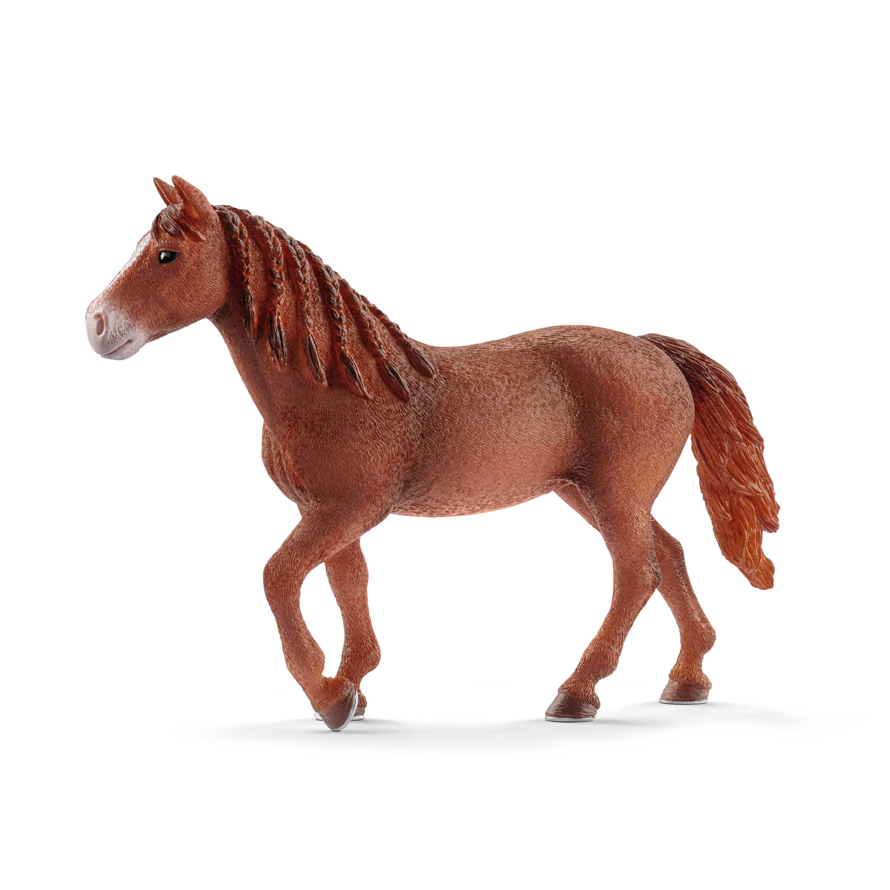 Schleich Farm World Morgan Horse mare, toy figure with chestnut coat and a dark mane, walking