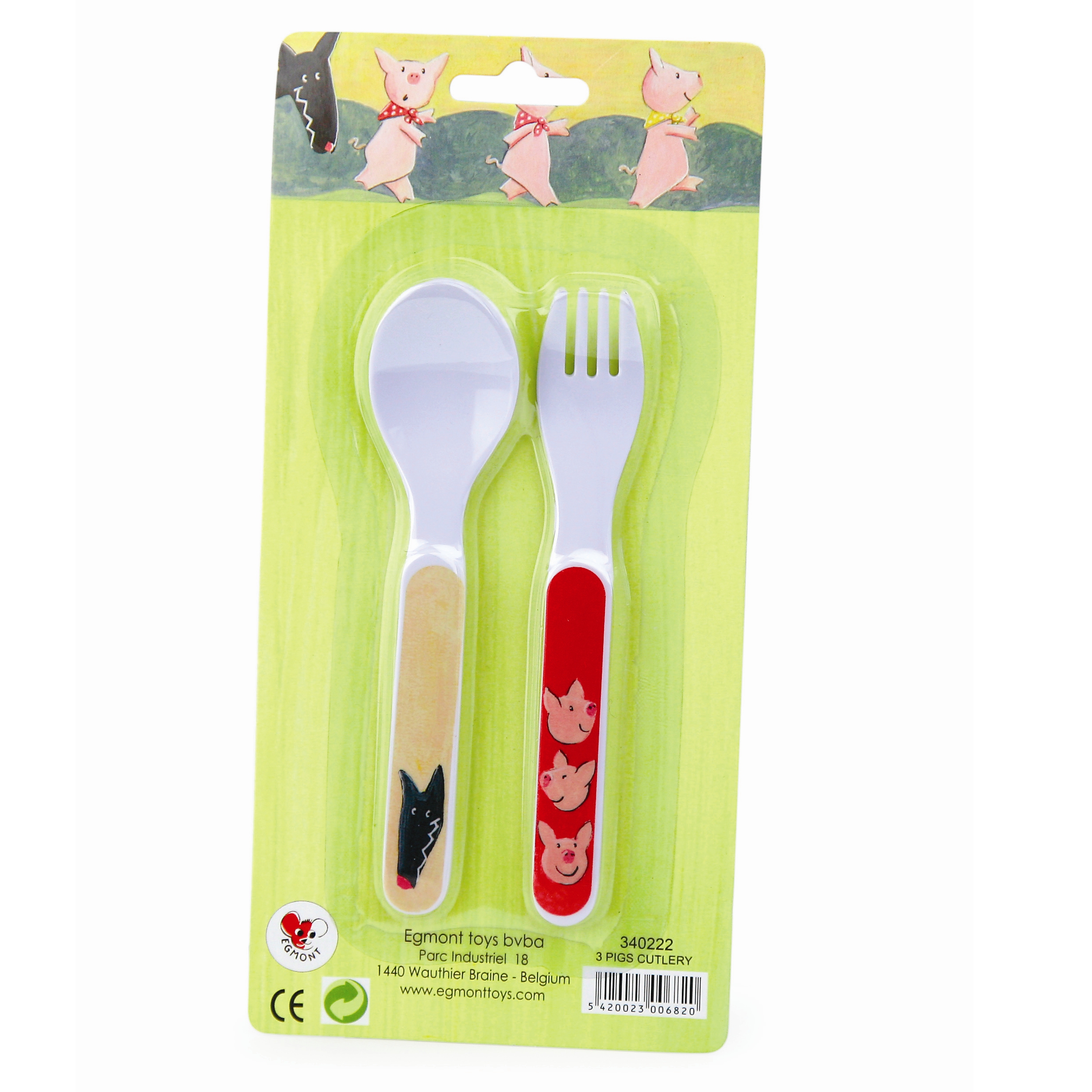 Egmont Toys Kinderbesteck 3 Schweinchen, Loeffel mit Wolf-Silhouette und Gabel mit Schweinchen-Motiv auf beiger und roter Griffhuelle