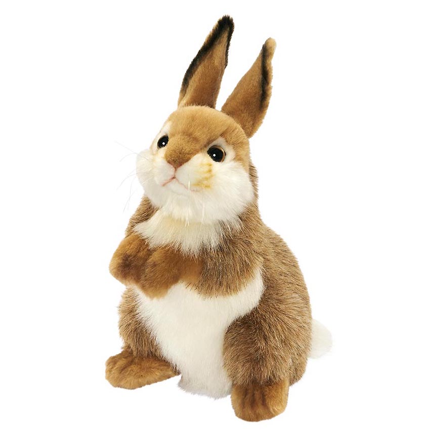 Aufrecht stehender Hase von Hansa Creation als Plüschfigur in Beigebraun mit weißer Brust und langen Ohren