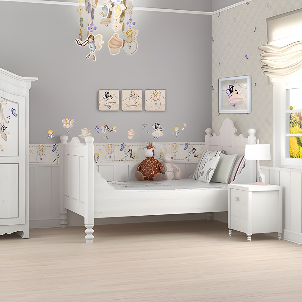 graham & brown 3D wall decoration Heirloom, children's room with a fairy border strip, framed pictures and a white bed
