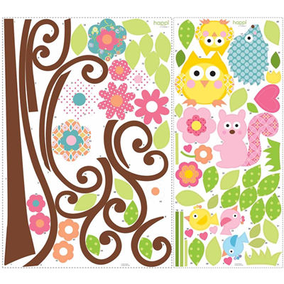 RoomMates Wandbild Scroll Tree, zwei Klebebögen mit Baumstamm-, Eulen-, Eichhörnchen- und Blütenmotiven auf weißem Untergrund