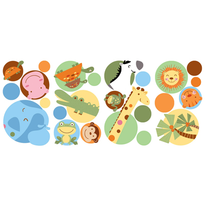 RoomMates Wandbild Jungle Animal Polka Dot, vier Klebebögen mit Dschungeltier-Motiven in bunten Punktkreisen auf weißem Untergrund