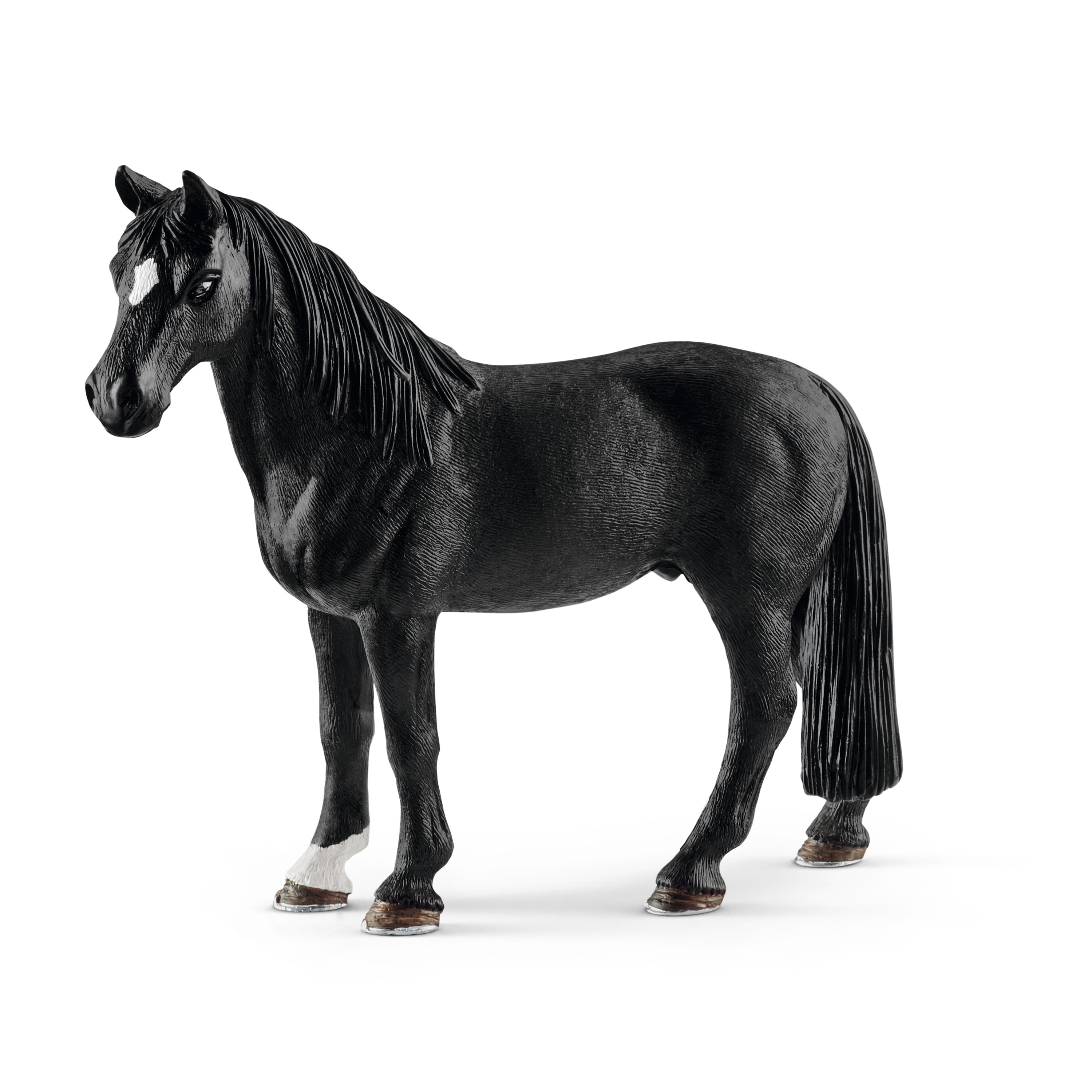 Schleich Farm World Tennessee Walker gelding, toy figure with black coat and a white blaze, standing