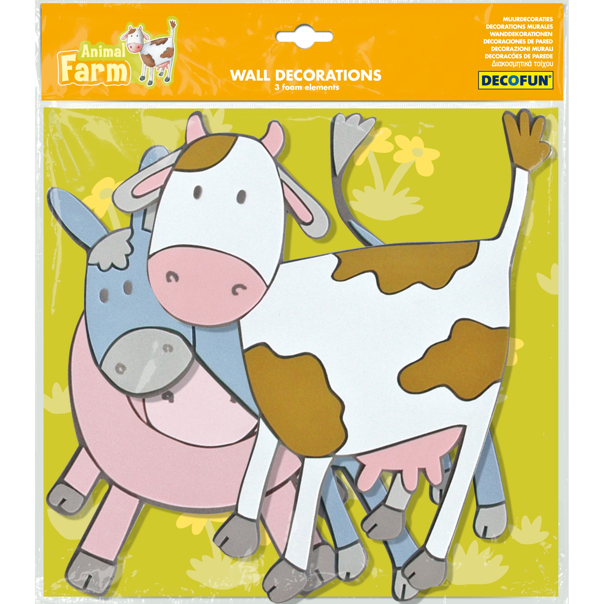 decofun wall decoration Animal Farm packaging, cow, donkey and piglet on a yellow blister card labelled Wall Decorations