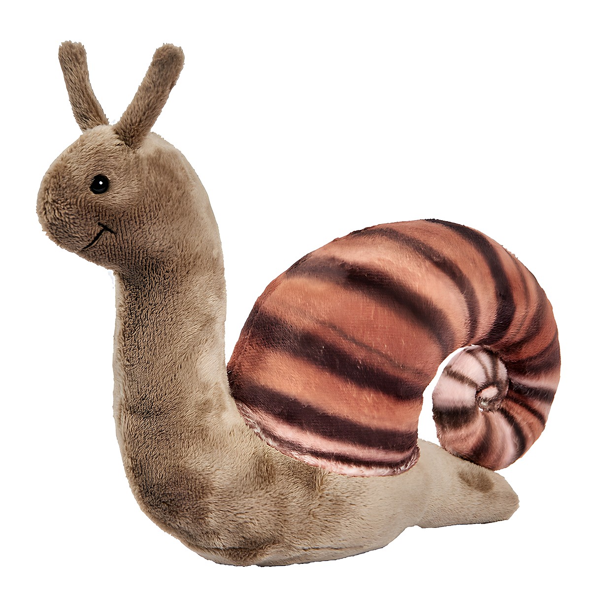 Schnecke Kuscheltier von Anima mit beigem Körper, braun gestreiftem Schneckenhaus und aufgestellten Fühlern