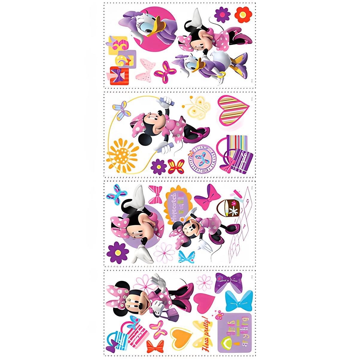 RoomMates Wandsticker Disney Minnie Bow-tique Micky Maus Freunde, vier Klebebögen mit Minnie-Maus- und Schleifen-Motiven auf weißem Untergrund