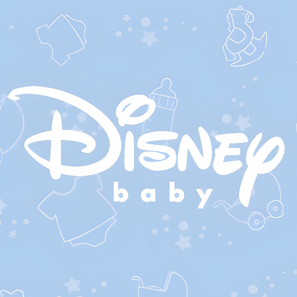 decofun Panorama-Wandsticker Winnie Puuh Baby Markenbild, Disney-Baby-Logo auf hellblauem Hintergrund mit Schaukelpferd-Muster