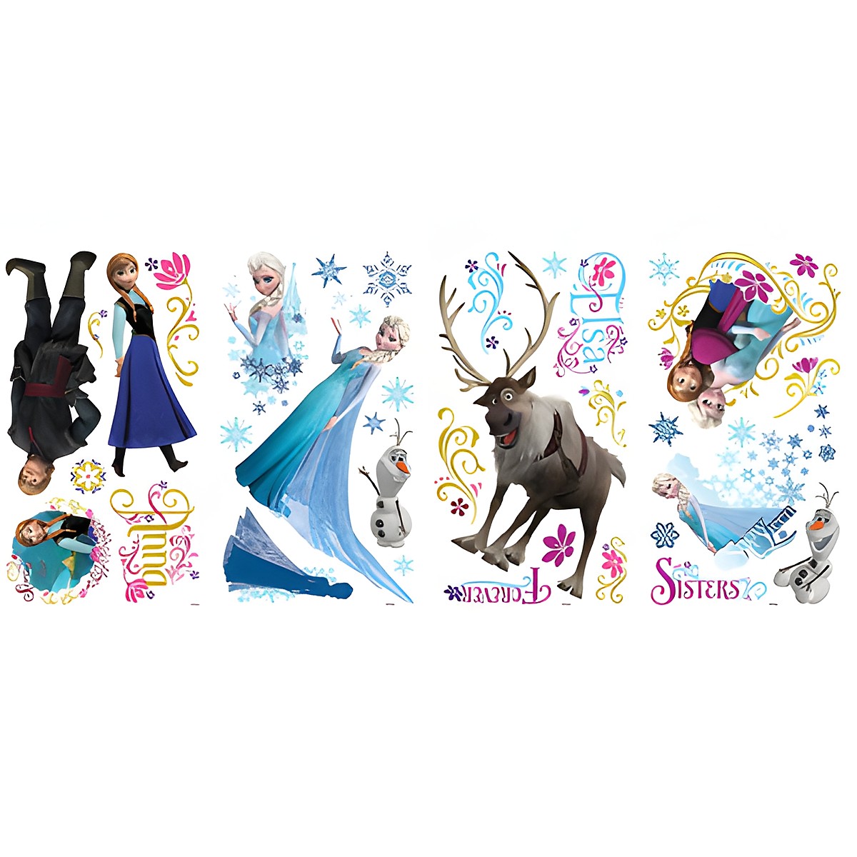 RoomMates Wandsticker Disney Die Eiskönigin, vier Klebebögen mit Elsa-, Anna-, Olaf- und Sven-Motiven sowie Schneeflocken auf weißem Untergrund
