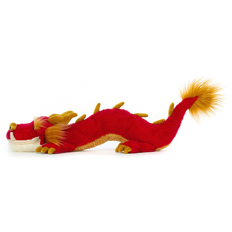 Jellycat Kuscheltier Festival Dragon, rotes liegendes Plüschtier mit goldener Mähne, Seitenansicht