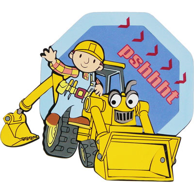 decofun wall decoration Bob the Builder single motif, Bob waving on his yellow digger with a pshhht speech bubble