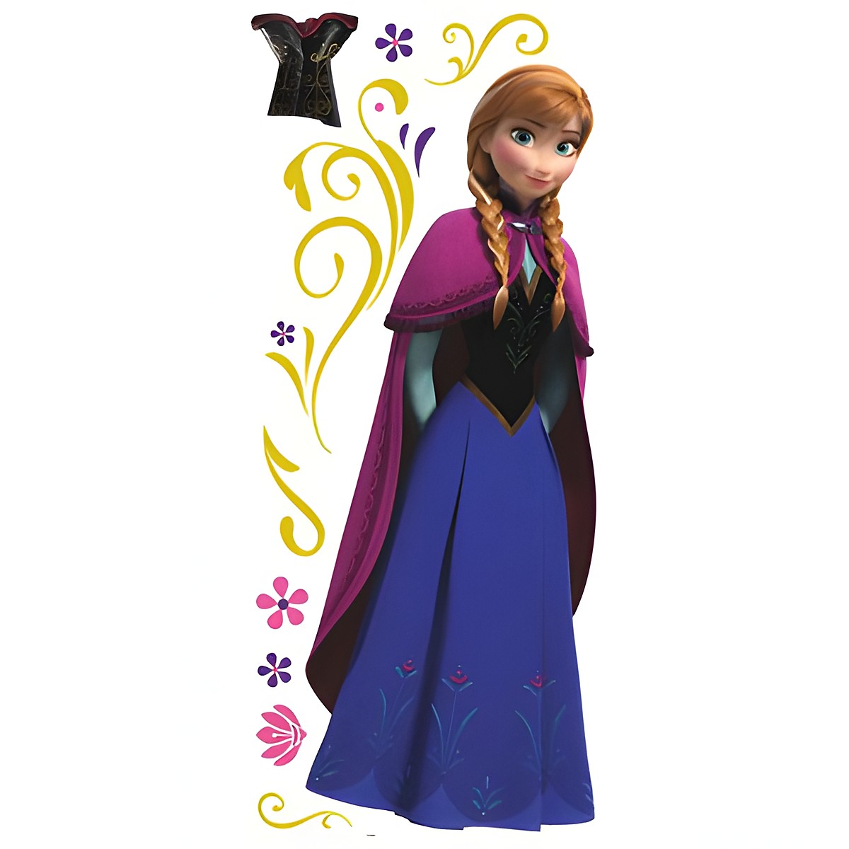 RoomMates Wandbild Disney Die Eiskönigin Anna mit Umhang, Klebebogen mit Anna-Figur, Rankenmotiven und Blüten auf weißem Untergrund
