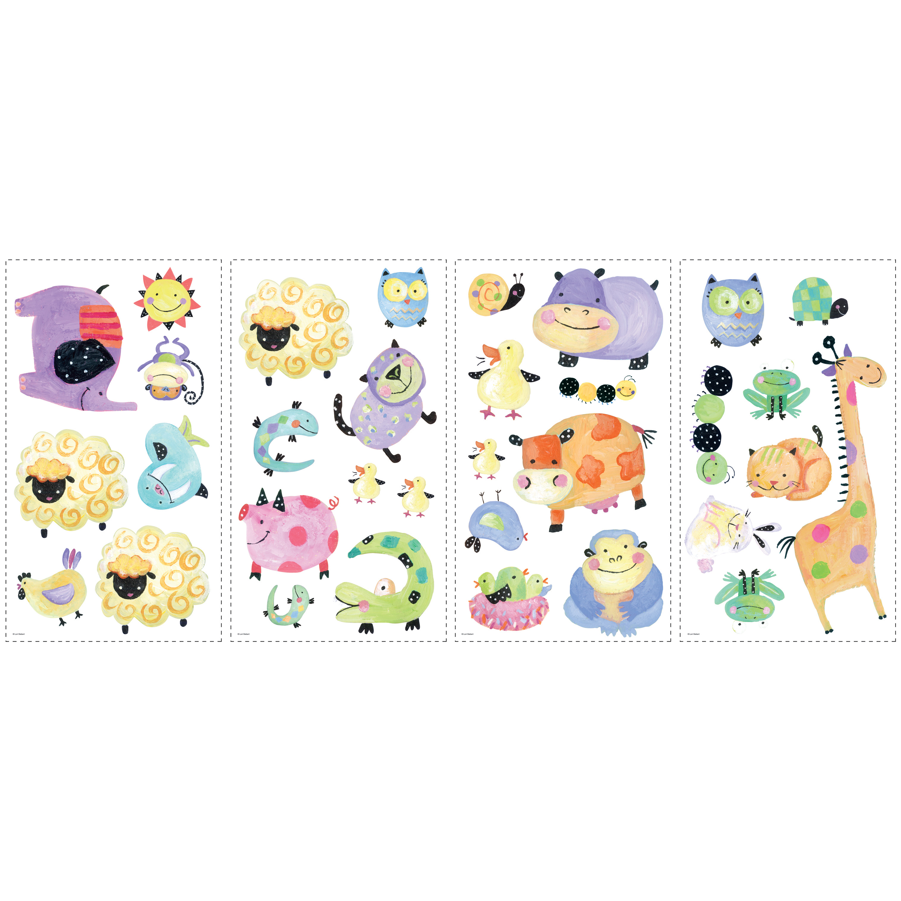 RoomMates Wandsticker Polka Dot Piggy, vier Klebebögen mit bunten Bauernhoftier-Motiven wie Schaf, Kuh, Ente und Giraffe auf weißem Untergrund