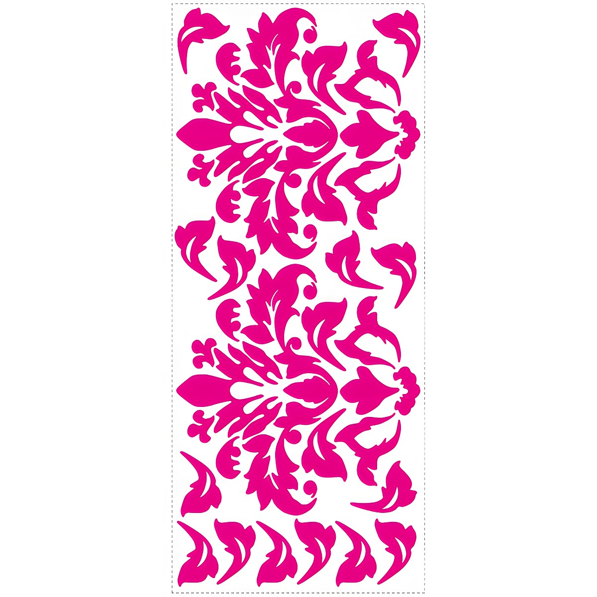 RoomMates wall decal Damask Pink, decal sheet with a pink damask pattern on a white background