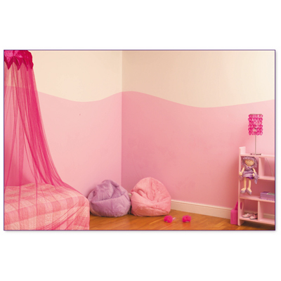 funtosee wall sticker flower world, undecorated pink children's room with bed canopy, bean bags and shelf before applying