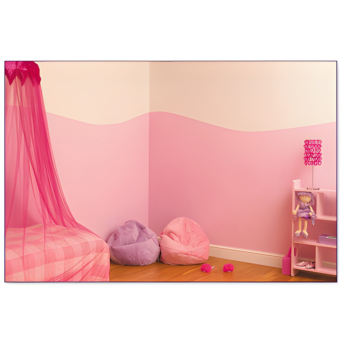 funtosee Wandsticker Blumenwelt, unbeklebtes rosa Kinderzimmer mit Betthimmel, Sitzsäcken und Regal vor der Dekoration