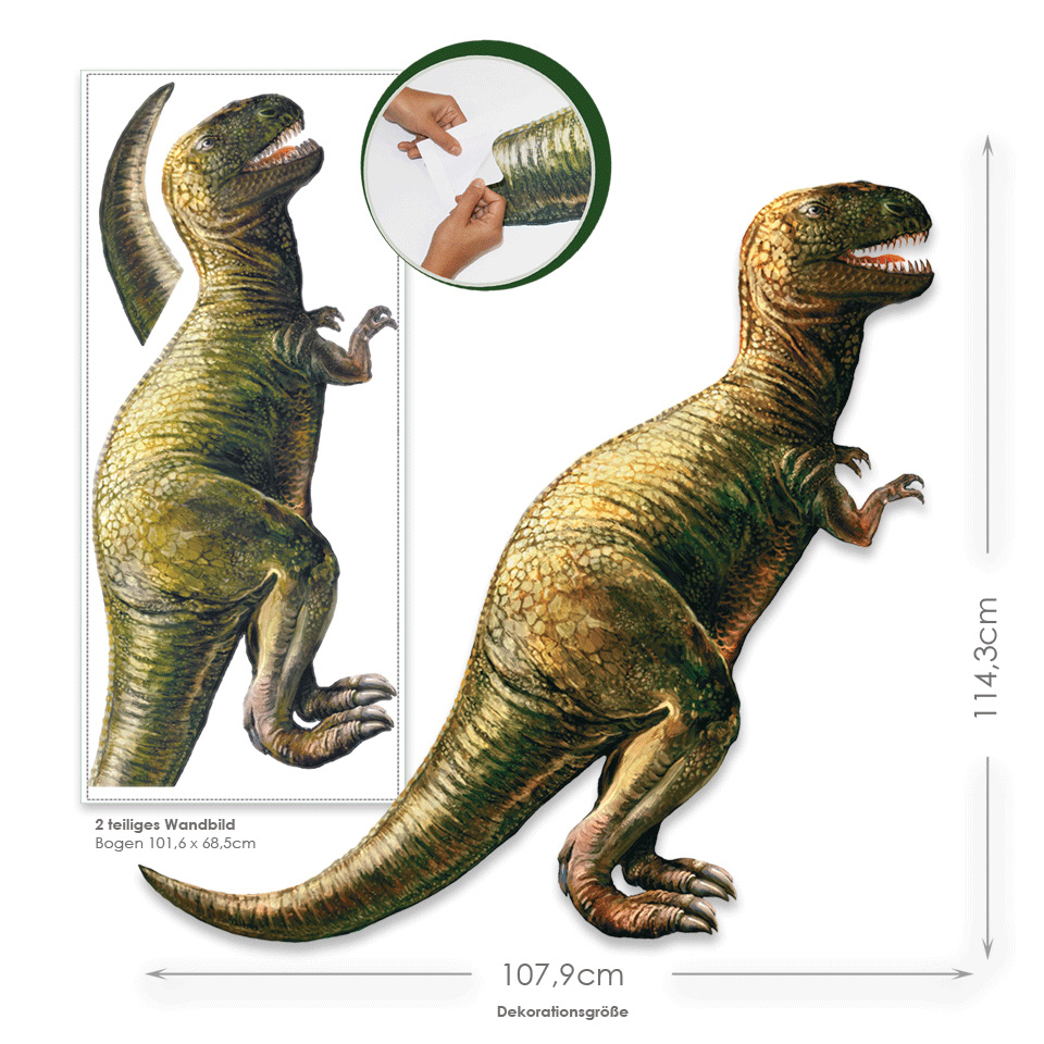 RoomMates wall decal Dinosaur, two-part wall decal with a green T-Rex and measurements on a white background
