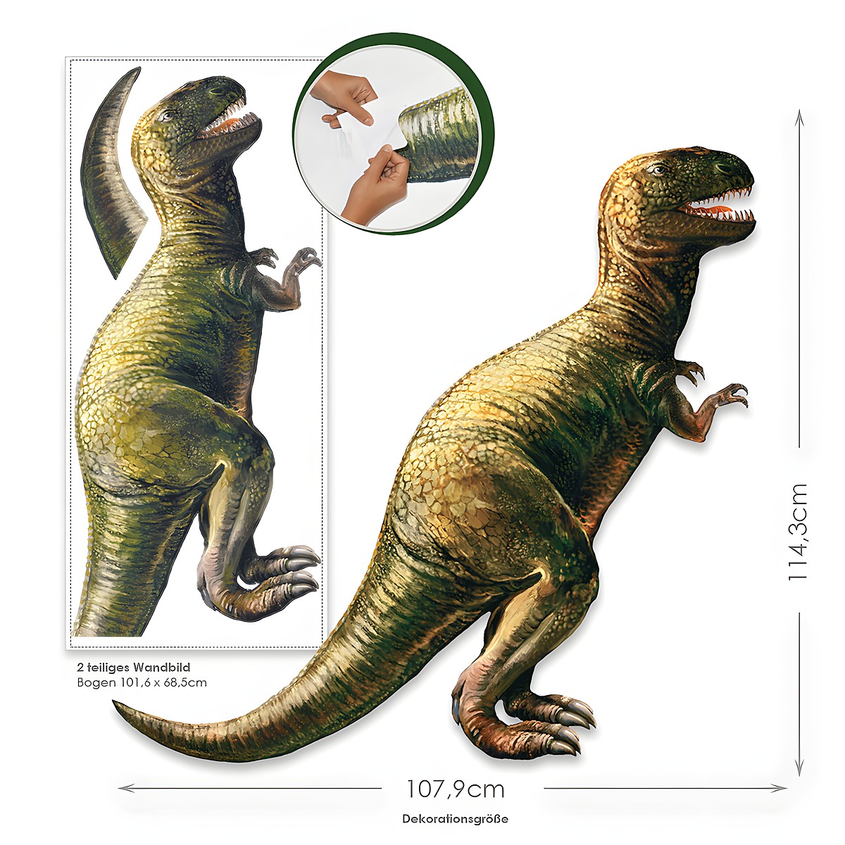 RoomMates wall decal Dinosaur, two-part wall decal with a green T-Rex and measurements on a white background