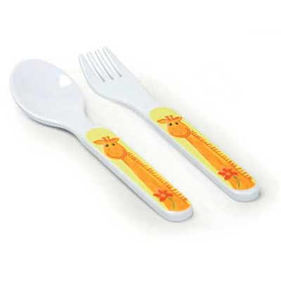 Egmont Toys cutlery giraffe Huguette, white spoon and fork with yellow handle and giraffe illustration