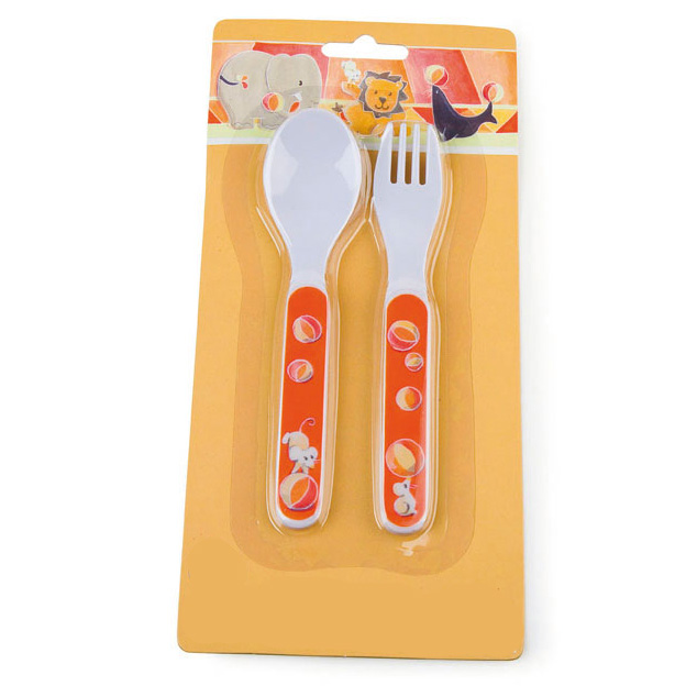 Egmont Toys Kinderbesteck Zirkus, weisser Loeffel und Gabel mit orangerotem Griff und Maus-Motiv, Verpackung mit Zirkustieren