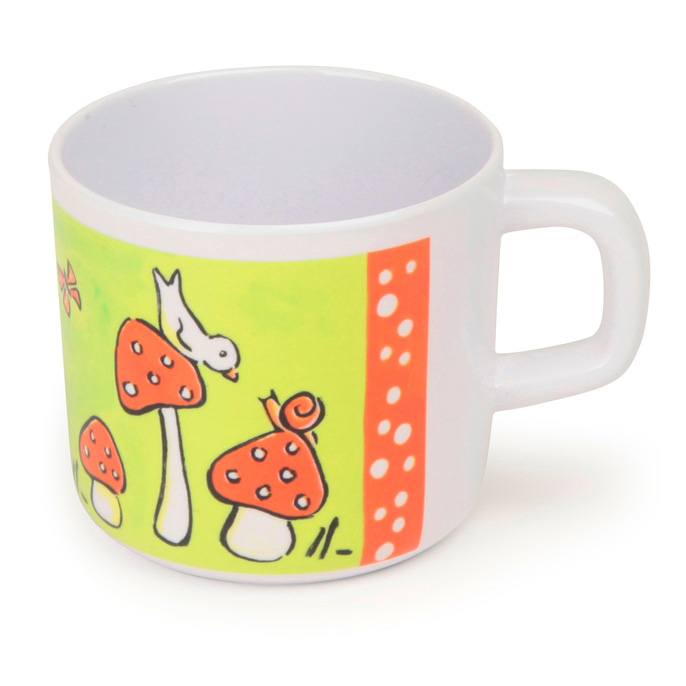 Egmont Toys children's mug mushrooms, white mug with green and orange stripe, bird, snail and toadstool motif
